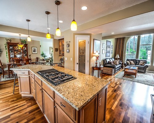 A well-organized, brightly lit family kitchen counter